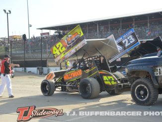 Cars being pushed off for qualifying at Eldora Speedway. (T.J. Buffenbarger Photo)
