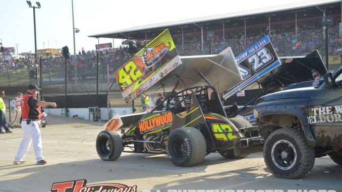 Cars being pushed off for qualifying at Eldora Speedway. (T.J. Buffenbarger Photo)