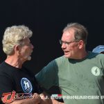 Charlie Fisher (L) and Don Kreitz Jr. (R) having a discussion at Eldora Speedway. (T.J. Buffenbarger Photo)