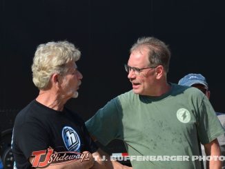 Charlie Fisher (L) and Don Kreitz Jr. (R) having a discussion at Eldora Speedway. (T.J. Buffenbarger Photo)