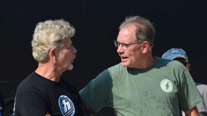 Charlie Fisher (L) and Don Kreitz Jr. (R) having a discussion at Eldora Speedway. (T.J. Buffenbarger Photo)
