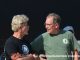 Charlie Fisher (L) and Don Kreitz Jr. (R) having a discussion at Eldora Speedway. (T.J. Buffenbarger Photo)
