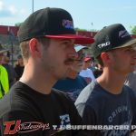 Garet Williamson (l) and Buddy Kofoid during the drivers meeting Thursday at Eldora Speedway. (T.J. Buffenbarger Photo)