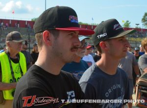 Garet Williamson (l) and Buddy Kofoid during the drivers meeting Thursday at Eldora Speedway. (T.J. Buffenbarger Photo)