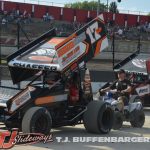 Tim Shaffer and the Michael Dutcher Motorsports entry being pushed up to the push lane at Eldora Speedway. (T.J. Buffenbarger Photo)
