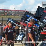 Spencer Bayston and the Jason Meyers Racing team looking over their equipment before Thursday's program at Eldora Speedway. (T.J. Buffenbarger Photo)