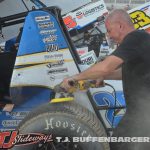 Rudeen Racing crew member grinding a tire before Thursday's program at Eldora Speedway. (T.J. Buffenbarger Photo)