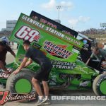 The Kreitz Racing Team pushing back Christopher Bell before Thursday night's C-Main. (T.J. Buffenbarger Photo)