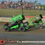 Parker Price-Miller (#71) racing with Christopher Bell (#69K) Thursday night at Eldora Speedway. (T.J. Buffenbarger Photo)