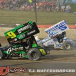 Chase Randall (#9) racing with Jeremy Weaver (#5) Thursday a Eldora Speedway. (T.J. Buffenbarger Photo)