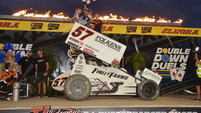 Kyle Larson with his children celebrating his victory during the Joker's Jackpot at Eldora Speedway. (T.J. Buffenbarger Photo)