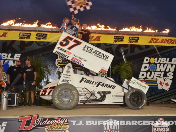 Kyle Larson with his children celebrating his victory during the Joker's Jackpot at Eldora Speedway. (T.J. Buffenbarger Photo)