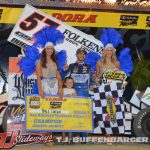 Kyle Larson with his daughter and the Eldora Girls after winning the Joker's Jackpot Thursday night a Eldora Speedway. (T.J. Buffenbarger Photo)