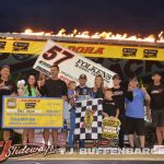 Kyle Larson with his family and race team after winning the Joker's Jackpot Thursday night at Eldora Speedway. (T.J. Buffenbarger Photo)
