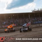 Cale Thomas (#49X) racing with Emerson Axsom (#27) Thursday during the Joker's Jackpot at Eldora Speedway. (Dan McFarland Photo)