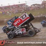 Emerson Axsom (#27) side by side with Brock Zearfoss (#3Z) Thursday at Eldora Speedway during the Joker's Jackpot. (Dan McFarland Photo)