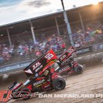 Kerry Madsen (#55B) racing with Hunter Schuerenberg (#55) Thursday at Eldora Speedway during the Joker's Jackpot. (Dan McFarland Photo)