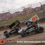 Kevin Thomas Jr. (#19) racing with Danny Sams III (#24) Thursday at Eldora Speedway during the Joker's Jackpot. (Dan McFarland Photo)
