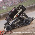 Kevin Thomas Jr. (#19) racing with Spencer Bayston (#14) Thursday at Eldora Speedway during the Joker's Jackpot. (Dan McFarland Photo)