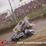 Brad Sweet (#49 Racing with Brian Brown (#21) Thursday night during the Joker's Jackpot at Eldora Speedway. (Dan McFarland Photo)