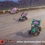 Carson Macedo (#41), Rico Abreu (#24), and Logan Schuchart (#1S) racing three wide during the Joker's Jackpot at Eldora Speedway. (Dan McFarland Photo)