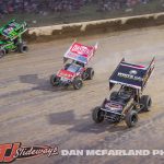 Anthony Macri (#39M), Logan Schuchart (#1S), and Carson Macedo (#41) racing three wide during the Joker's Jackpot at Eldora Speedway. (Dan McFarland Photo)