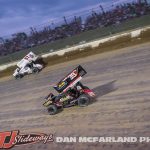 Anthony Macri (#39M) racing with Kyle Larson (#57) Thursday during the Joker's Jackpot at Eldora Speedway. (Dan McFarland Photo)