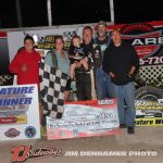 Isaac Chapple with his crew and family after winning the GLTS feature Friday at Mt. Pleasant Speedway. (Jim Denhamer Photo)