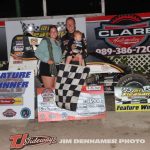 Isaac Chapple and his family after winning the GLTS feature Friday at Mt. Pleasant Speedway. (Jim Denhamer Photo)