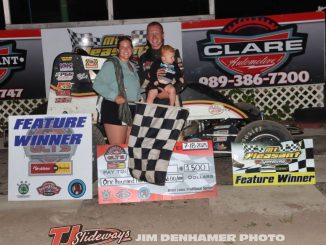 Isaac Chapple in victory lane with the Great Lakes Traditional Sprints at Mt. Pleasant Speedway. (Jim Denhamer Photo)