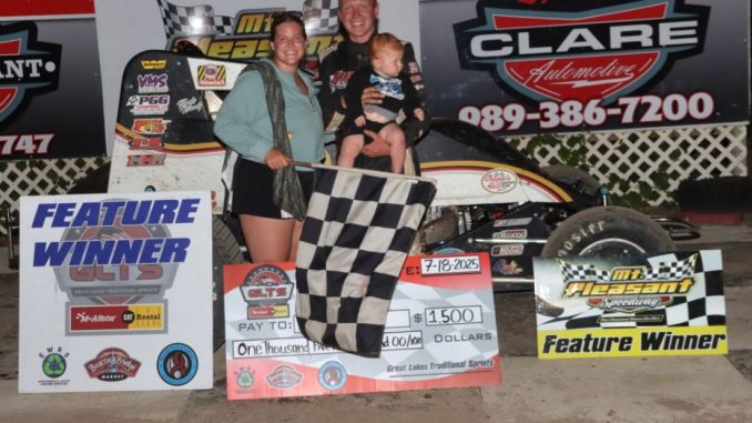IMG_1613 Isaac Chapple in victory lane with the Great Lakes Traditional Sprints at Mt. Pleasant Speedway. (Jim Denhamer Photo)