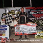 Isaac Chapple after winning the GLTS feature Friday at Mt. Pleasant Speedway. (Jim Denhamer Photo)