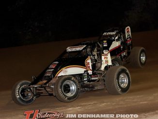 GLTS feature winner Isaac Chapple (#6) racing with Parker Frederickson for the lead Friday at Mt. Pleasant Speedway. (Jim Denhamer Photo)