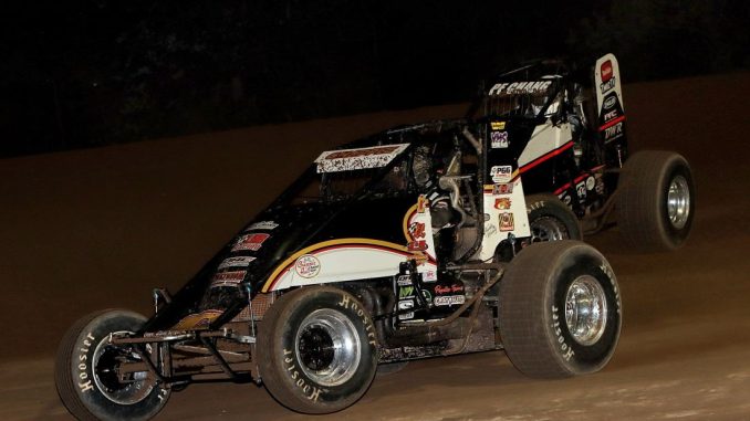 GLTS feature winner Isaac Chapple (#6) racing with Parker Frederickson for the lead Friday at Mt. Pleasant Speedway. (Jim Denhamer Photo)
