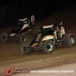 Isaac Chapple (#6) racing with Parker Fredrickson (#00) Friday at Mt. Pleasant Speedway. (Jim Denhamer Photo)