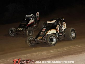 Isaac Chapple (#6) racing with Parker Fredrickson (#00) Friday at Mt. Pleasant Speedway. (Jim Denhamer Photo)