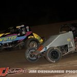 Kent Gardner (#10G) racing with Jesse Ainsworth (#33a) Friday at Mt. Pleasant Speedway with GLTS. (Jim Denhamer Photo)