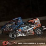 Brian Ruhlman (#49) racing with Travis Millar (#93) Friday at Mt. Pleasant Speedway with GLTS. (Jim Denhamer Photo)