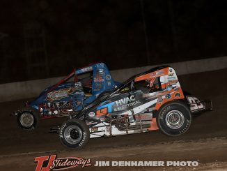 Brian Ruhlman (#49) racing with Travis Millar (#93) Friday at Mt. Pleasant Speedway with GLTS. (Jim Denhamer Photo)