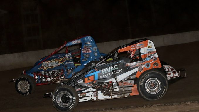 Brian Ruhlman (#49) racing with Travis Millar (#93) Friday at Mt. Pleasant Speedway with GLTS. (Jim Denhamer Photo)