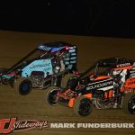 Joe B Miller (#7) and Gavin Miller (#97) Friday at Spoon River Speedway with the Xtreme Outlaw Midget Series. (Mark Funderburk Photo)