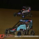Karter Sarff (#21) and Joe B Miller (#7) racing for position with the Xtreme Outlaw Midget Car Series at Spoon River Speedway. (Mark Funderburk Photo)