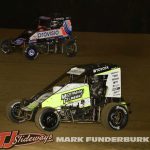 Karter Sarff (#21) and Chase McDermand (#40) Friday at Spoon River Speedway with the Xtreme Outlaw Midget Car Series. (Mark Funderburk Photo)