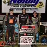 (L to R) Third place Jacob Denney, winner Joe B MIller, and second place Chase McDermand after the Xtreme Outlaw Midget Series at Spoon River Speedway. (Mark Funderburk Photo)