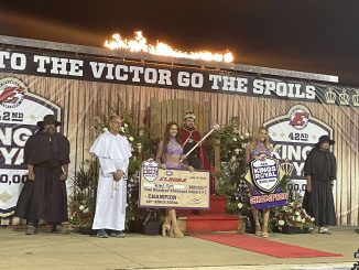 Anthony Macri after being crowned by Don Kreitz Jr. during the Kings Royal victory celebration at Eldora Speedway. (T.J. Buffenbarger Photo)