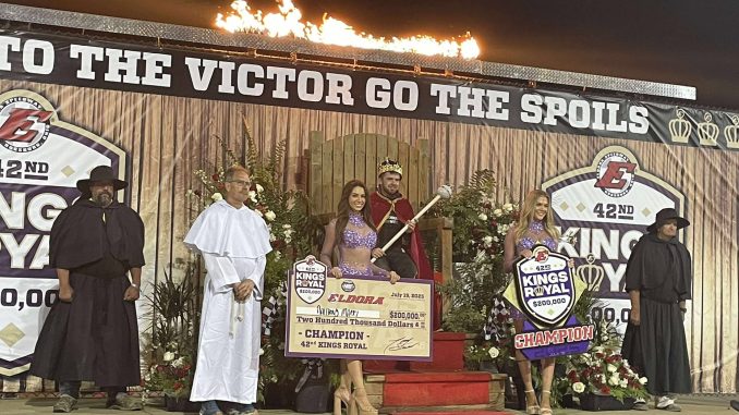 Anthony Macri after being crowned by Don Kreitz Jr. during the Kings Royal victory celebration at Eldora Speedway. (T.J. Buffenbarger Photo)