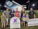 Josh Schneiderman and family celebrate his win at Bloomfield with Mike Mohrfeld (Mohrfeld Solar) and Son on the left. (Image courtesy of the Sprint Invaders Association)