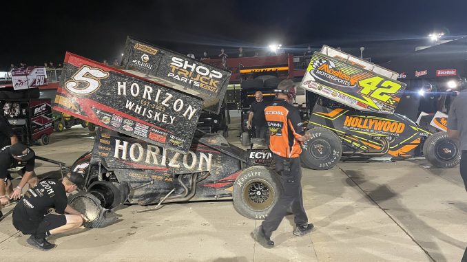 workarea Crews were busy in the work area and tearing down wrecked race cars after a wild night at Eldora Speedway. (T.J. Buffenbarger Photo)