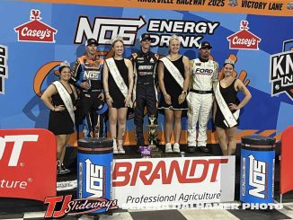 (l to r) Third place Sheldon Haudenschild, winner Ryan Timms, and second place Justin Peck after the opening night of the 2025 Knoxville Nationals. (Serena Dalhamer Photo)