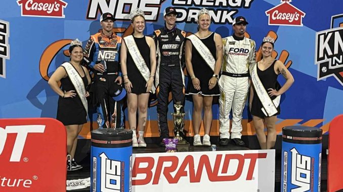 (l to r) Third place Sheldon Haudenschild, winner Ryan Timms, and second place Justin Peck after the opening night of the 2025 Knoxville Nationals. (Serena Dalhamer Photo)